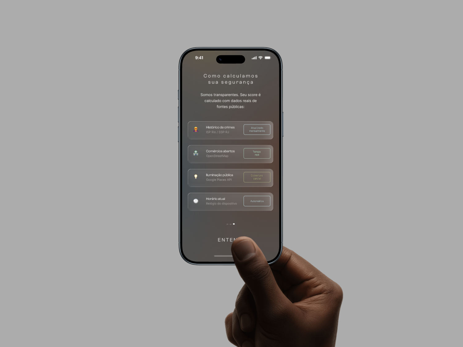 SalvaRota onboarding transparency screen explaining data sources