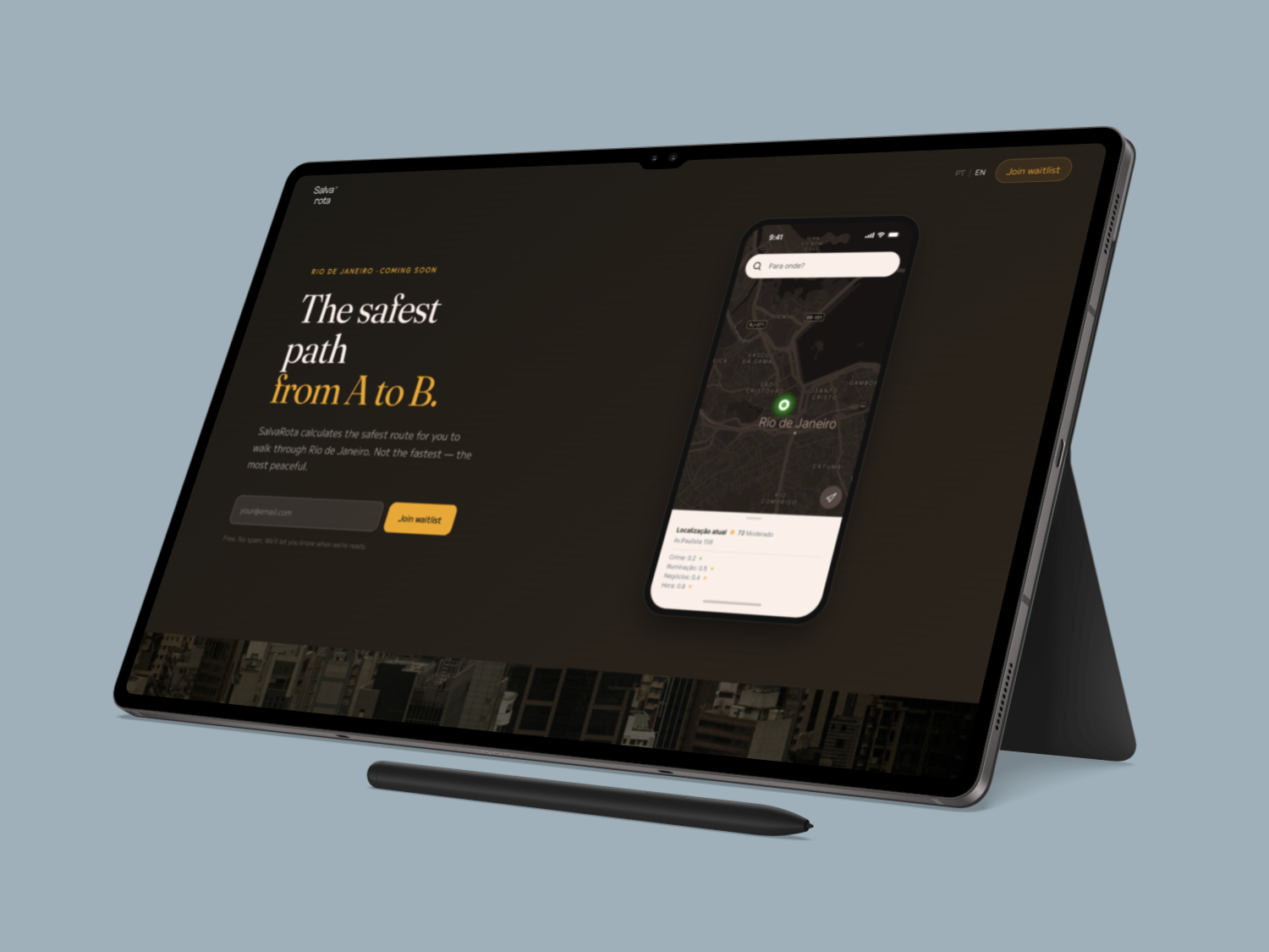 SalvaRota landing page and app on tablet